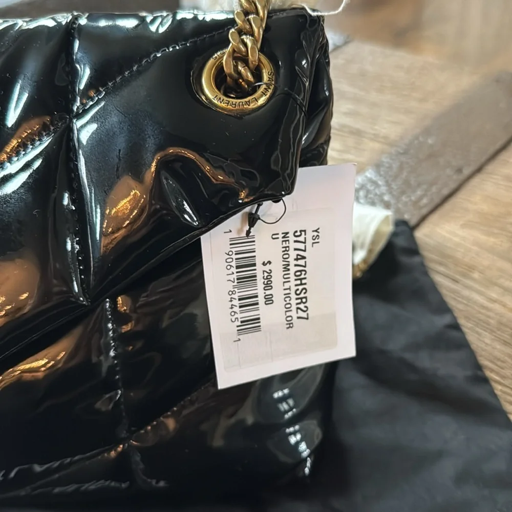 Yves Saint Laurent ysl Loulou puffer black patent shoulder bag gold straps $2990
